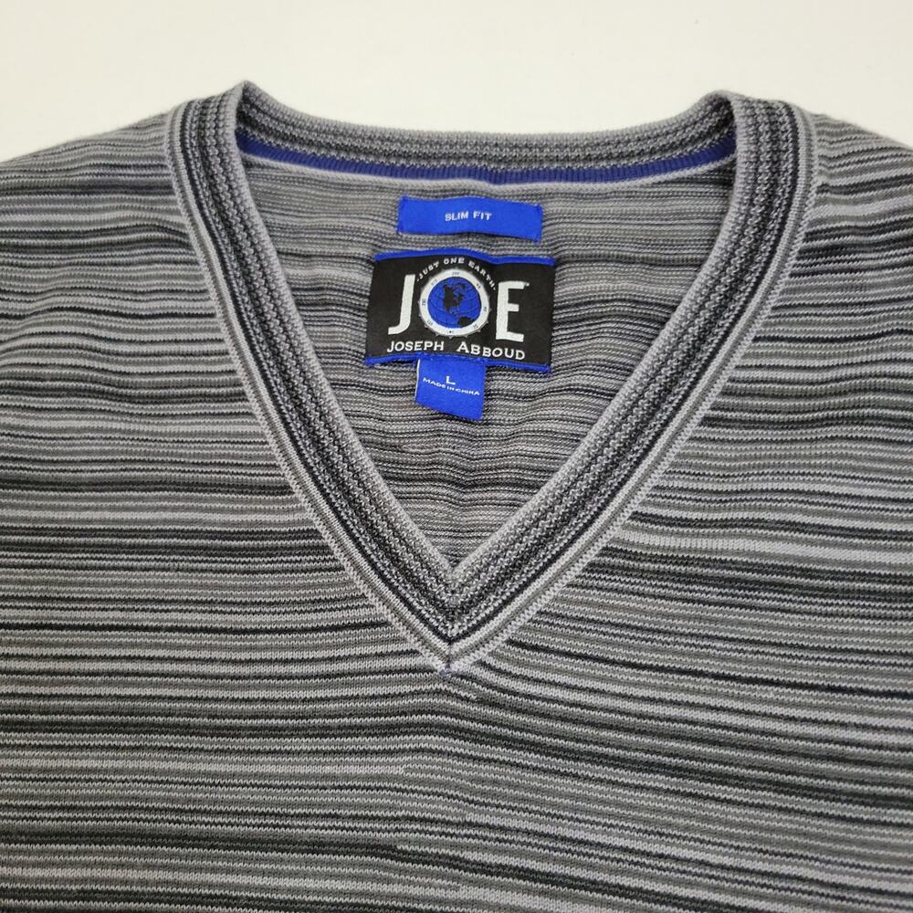 Joseph Abboud Merino Wool Blend Slim Fit Black White Gray Striped V Neck Men's L